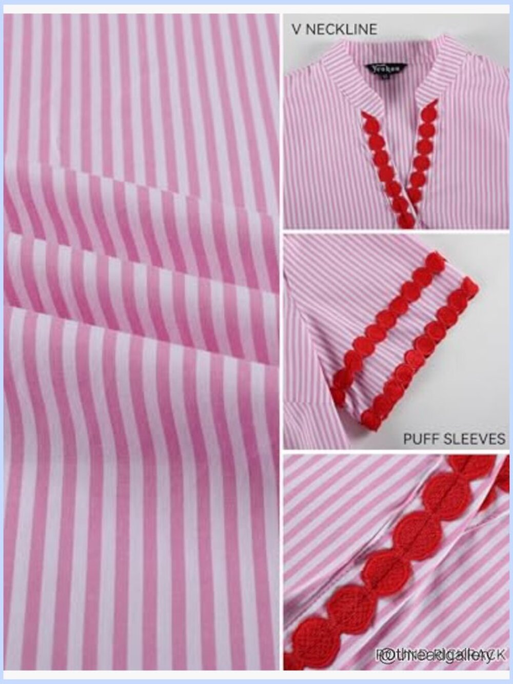 V Neck Puff Sleeve Striped Cotton Pullover Blouse Rickrack Top - Picture 4 of 7